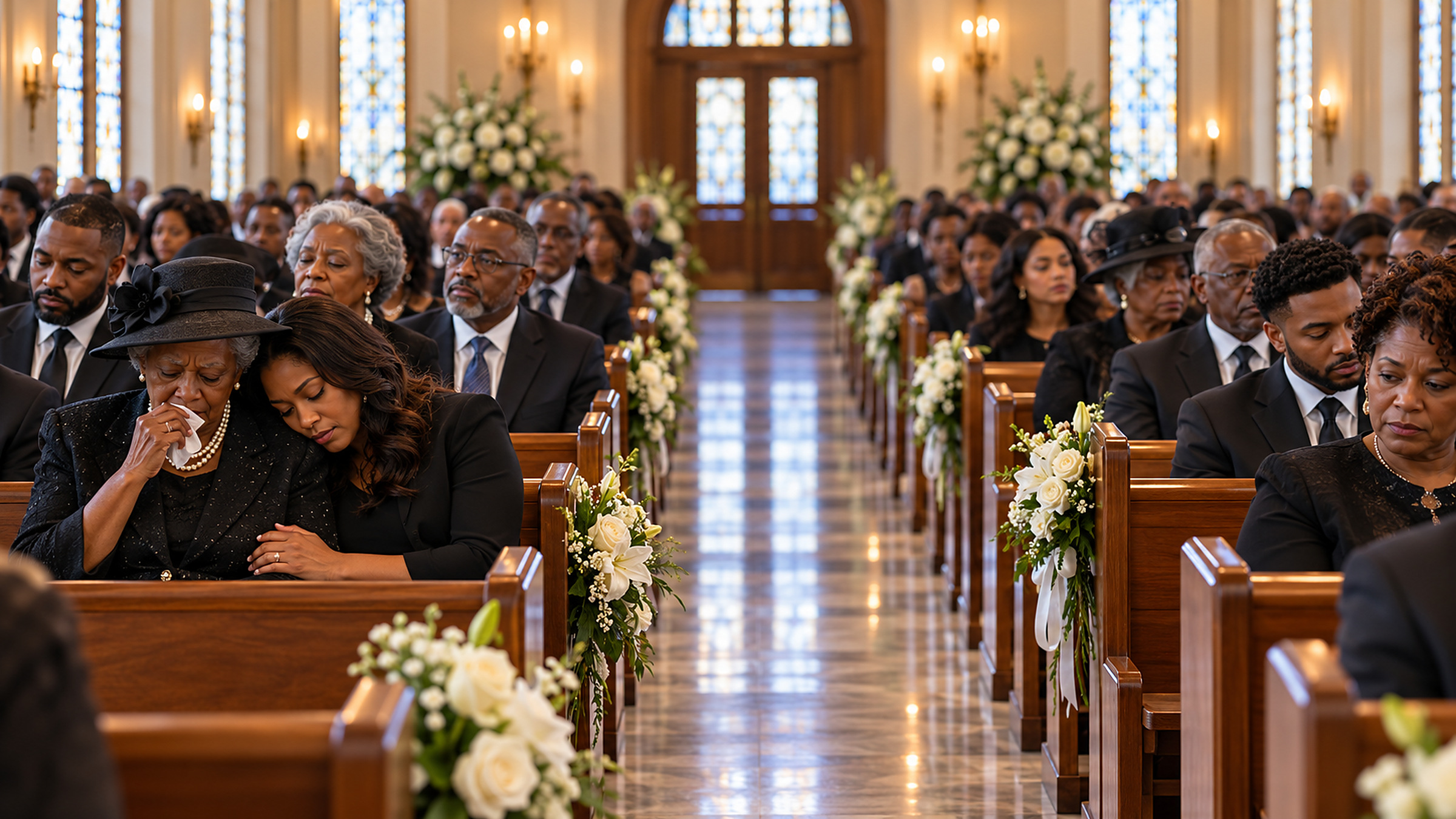 Generated concept showing family members supporting one another in a memorial chapel.