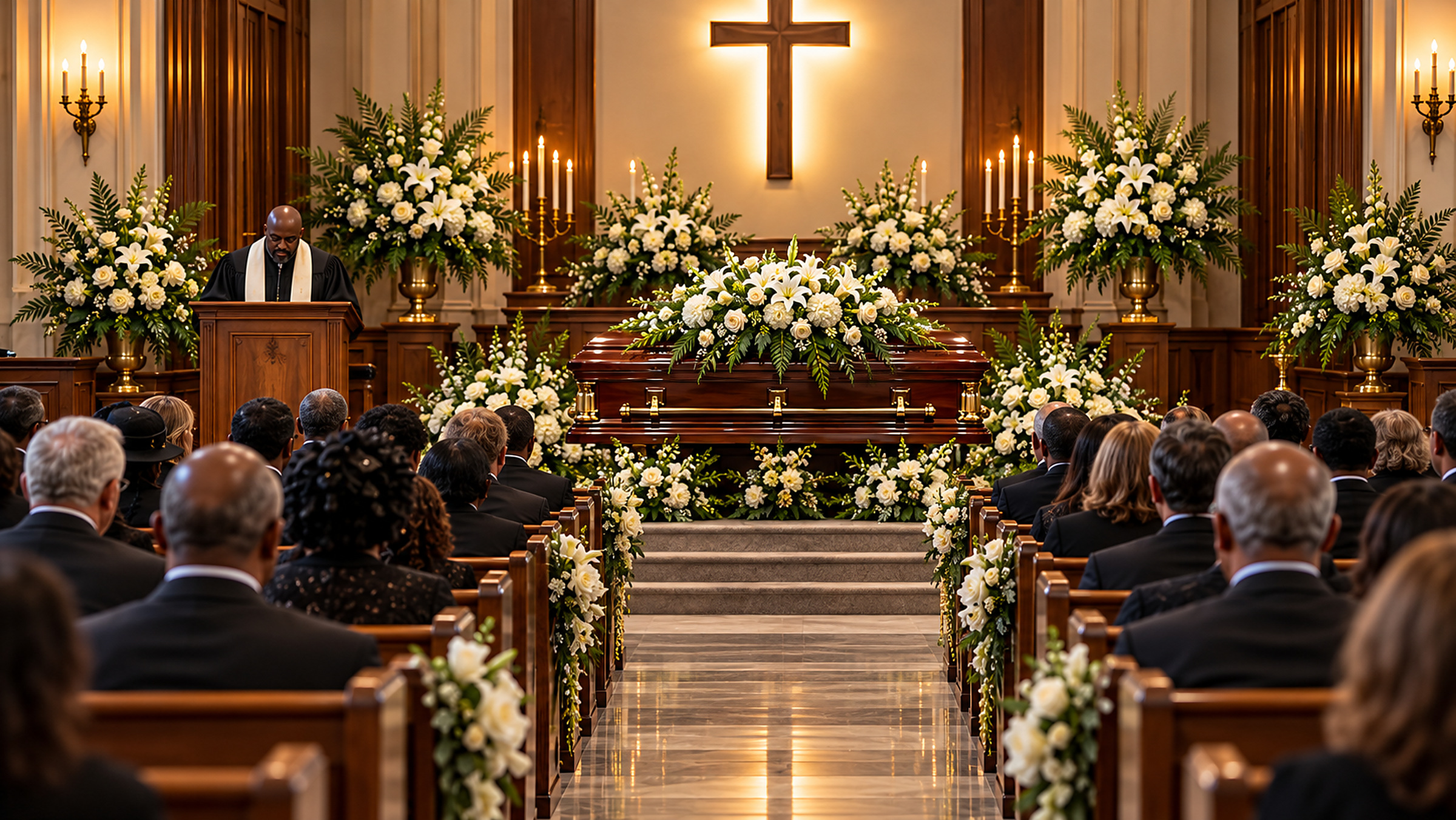 Generated concept of a dignified memorial chapel prepared with flowers and a closed mahogany casket.