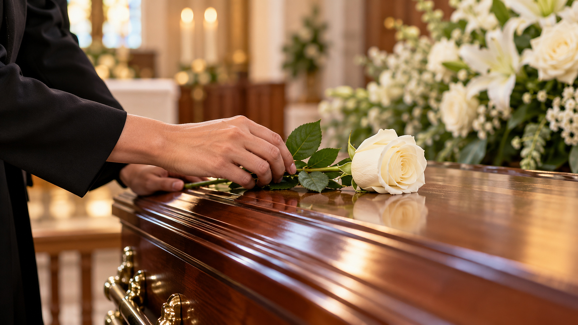Generated close detail of a family member placing an ivory rose on a closed casket.