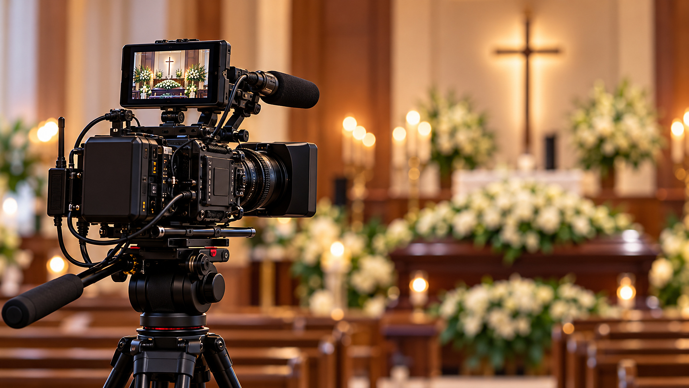 Generated concept of discreet professional livestream production in a memorial chapel.