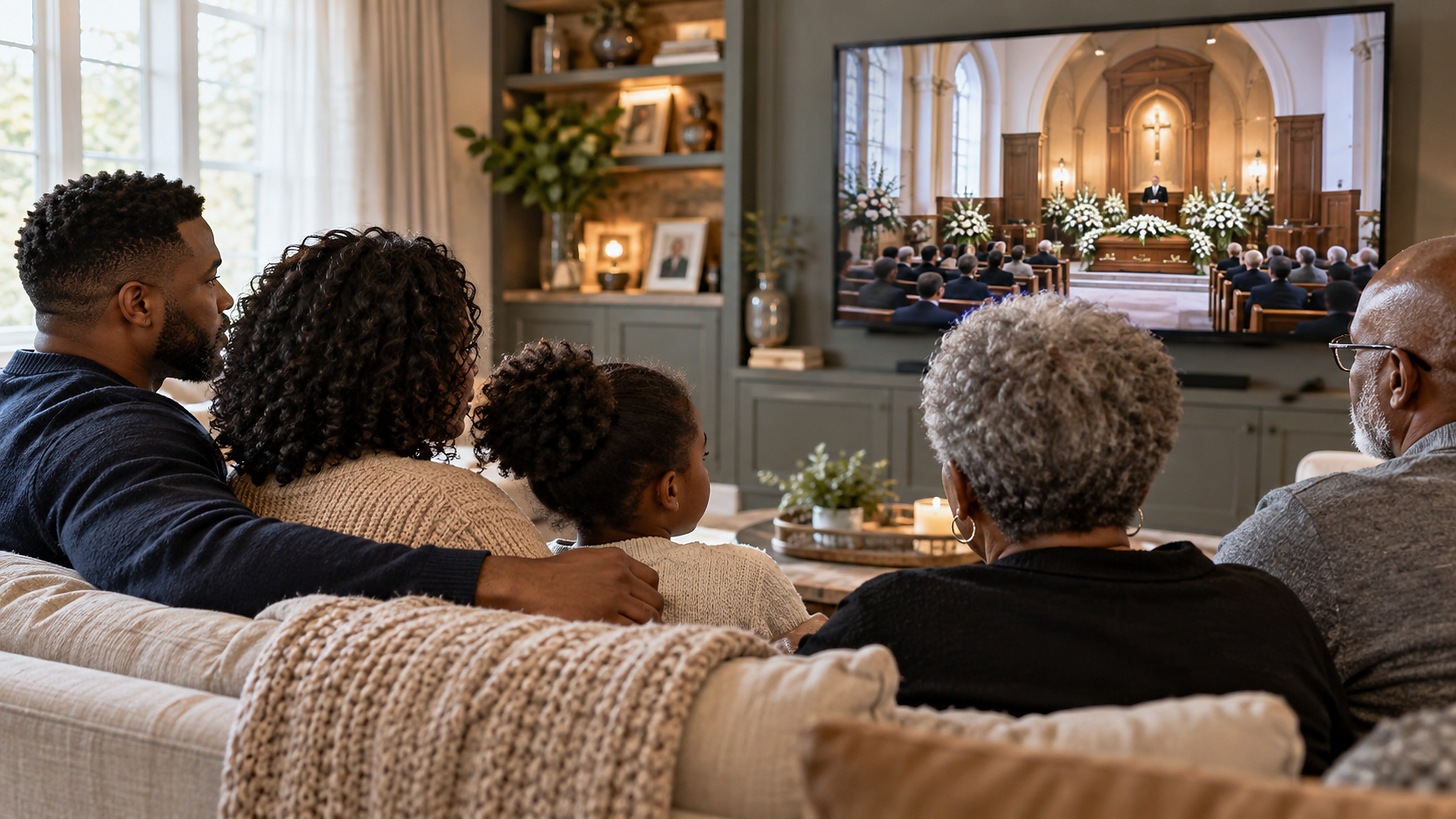Generated concept of a family watching a memorial livestream together.